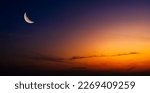 Small photo of Dusk, Sky twilight in the Evening with sunset orange sunlight and Crescent moon free space for religion Islamic text Ramadan, Eid Al Adha, Eid Al Fitr, Eid Mubarak