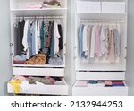 Small photo of Before untidy and after tidy wardrobe. closet and nicely arranged clothes in piles and boxes after the revision and organization. Messy clothes thrown on a shelf and nicely arranged clothes in piles.