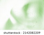 foggy background, blurry monstera leaf in white pair, water drops on glass. fog effect of palm leaves silhouettes behind. out of focus