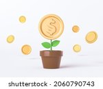 3d Pot Of Plant With Gold Coin...