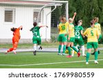 Small photo of UPPLANDS VASBY, SWEDEN - JULY 1, 2020: Hammarby player Helen Eke scores a goal in football game betweeen Bollstanas SK and Hammarby in Elitettan, Sweden.