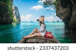 Small photo of Traveler woman on boat with camera joy nature scenic landscape Ko Hong island Krabi, Attraction famous place tourist travel Phuket Thailand summer holiday vacation trip, Beautiful destination Asia
