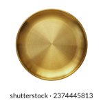 Small photo of Top view of golden plate isolated on white background with clipping path. Empty gold round flat plate flat lay. Mock up template for food poster design.