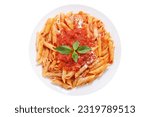 Small photo of plate of pasta with tomato sauce isolated on white background, top view