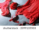 Red Fabric Rose With Lacy Underwear. Love And Romance Concept.