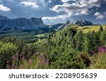 Amazing natural Landscape with blue sky of Dolomites Alps. Passo Giau. Dolomite mountains. italy. Incredible nature scenery. Picture of wild area. Famous alpine place of the world