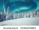 Aurora borealis over the frosty forest. Green northern lights above mountains. Night nature landscape with polar lights. Night winter landscape with aurora. Creative image. winter holiday concept.