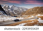 Panorama view on Mountain asphalt road serpentine. Grossglockner High Alpine Road, German. concept of an ideal resting place. Popular travel destination. High mountain pass road in Austrian Alps
