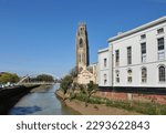Small photo of BOSTON, LINCOLNSHIRE, UK - April 17, 2023. The impressive tower of St Botolph's Church (Boston Stump) beside the River Witham, Boston, Lincolnshire, England, UK