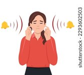 Woman with closed eyes is plugging her ears with fingers when suffering from tinnitus. Red bells as symbol of unbearable ringing in ears. Concept of diseases of hearing organs or neurology problems. F