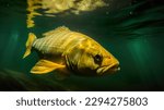Small photo of A golden dorado fish swims underwater in dark water with dark yellow and gold color scheme. Shot with precision in details and a creased, gigantic scale.