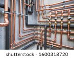 Plumbing service. copper pipeline of a heating system in boiler room