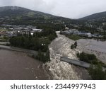 Small photo of Gol Hallingdal Norway 10.08.2023 Flooding in Hallingdal. Flooding in the town of Gol. Disaster. Destruction. Destroyed bridge in the town of Gol. For television. For reporting. Destructive nature