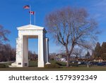 Small photo of Blaine, Washington - Nov 27, 2019 : The peace arch border. Peace arch border between Canada and USA represent the world's longest undefended border.