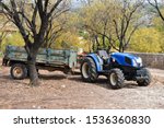 small farm tractor with cargo trailer in olive garden in finish agriculture season in autumn