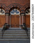 Small photo of Doors of the St. Andrew’s Presbyterian Church, Victoria Canada. Built in 1888 by architect L. Butress Triman. Historic places in Canada.