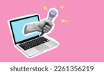 Small photo of Collage art, a hand with a microphone protruding from a laptop against a pink background. Yellow press from laptop, daily news.
