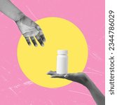 Small photo of Pharmacology, medical research, laboratory analysis, and presentation of a new drug. Hand holding a white opaque test tube. Minimalist art collage.