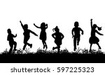 Silhouette Of Children Jumping...