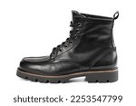 Pair of black leather boots, dress boots for men. Black brogue boots on a white background. Men fashion in leather boots. Man