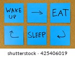 Small photo of depressing uneventful day concept- wake up, eat, sleep