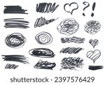 Various black marker shapes on a white background, frame, heart and question mark