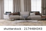 Realistic 3D render a modern luxury sofa couch in beige tone with cushions in living room. Wooden parquet floor, elegant area rug, Floor to Ceiling window with sheer and blackout curtains. Background.
