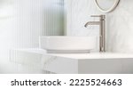 Realistic 3D render close up blank space on white marble bathroom vanity counter top with ceramic wash basin and faucet, clear reeded glass shower screen, Banner, Copy space, Product display backdrop.