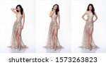 Small photo of Portrait of Miss Asian Pageant Beauty Contest in sequin Evening Ball Gown long dress, studio lighting white background, collage group pack of full length body isolated