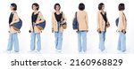 Small photo of Collage Full length of Asian Indian 20s working woman with curl hair hold cell smart phone, backpack, blazer and jean pants. Female turn 360 rear side back view over white background isolated