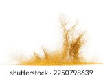 Small photo of Explosion metallic gold glitter sparkle bokeh isolated white background decoration. Golden Glitter powder spark blink celebrate, blur foil part explode in air, fly throw gold glitters particle shape