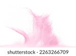 Small photo of Small size pink Sand flying explosion, sweet sands grain wave explode. Abstract cloud fly. Pink colored sand splash throwing in Air. White background Isolated high speed shutter, throwing freeze stop