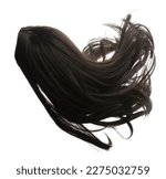 Small photo of Long straight Wig hair style fly fall explosion. Black woman wig wave hair float in mid air. Straight black curl wig hair wind blow cloud throw. White background isolated high speed freeze motion