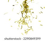 Small photo of Golden Confetti Foil fall splashing in air. Gold Confetti Foil explosion flying, abstract cloud fly. Many Party glitter scatter in many group. White background isolated high speed shutter freeze