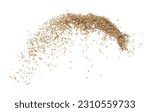 Small photo of Paddy Rice grain fly in mid air. Yellow Golden Paddy Rice falling scatter, explosion float in shape form line group. White background isolated freeze motion high speed shutter