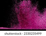 Small photo of Explosion metallic pink glitter sparkle. Choky Glitter powder spark blink celebrate, blur foil explode in air, fly throw pink glitters particle. Black background isolated, selective focus Blur bokeh
