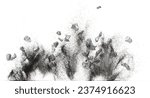 Small photo of Silver ore nugget fly fall from Mining float in air. Many pieces silver nugget ore explosion with sand glitter gravel in silver Mining industry. White background Isolated throwing freeze stop motion