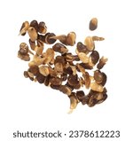 Small photo of Salt Broad Beans flying explosion, broad bean fall down abstract fly. Tropical Salty roasted broad bean splash throwing in Air. White background Isolated high speed shutter, freeze action