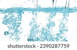 Small photo of Drinking water pouring into clear glass. Bubbles inside from pouring falling clear water. Drinking soda water flush air bubble. White background isolated freeze element