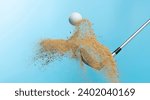 Small photo of Golf ball tee explode from sand bunker. Golfer hit ball with club to sand explosion to summer sky. Golf club hit ball tee in sand wedge bunker explosion. Blue sky background isolated freeze motion