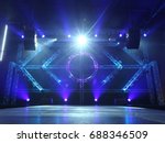 Empty Runway Fashion Show catwalk with moving beam lighting along walk way, background stage ramp