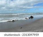 Small photo of Beach with wayward lobster traps washed ashore.