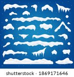 Snow vector caps. Snowballs and snowdrifts set. Snow cap vector collection. Winter element. Christmas window, roof, chimney etc. cartoon flat decoration with snowflakes, icicles isolated on blue. 