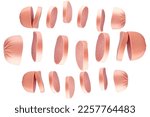 Flying pieces of sausage isolated on blue background.Delicious meat product.Sliced ​​sausage drops on a blue background. Sliced ​​milk sausage isolated.Milk sausages.Sausages.Lots of flying sausages