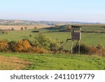 Small photo of High seat, hunt, hunter, hunt, hunting, hunting ground, landscape, meadow, field, cornfield, hut, wooden hut, seat, tower, observation tower, agriculture, rural