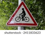 Small photo of Bicycle, bicycle, bicycle rider, sign, road sign, road, ride, away, landscape, signs, marking, ride, rider, traffic, traffic sign, signs, warning, danger, bicycle path, bicycles, background, texture
