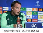 Small photo of Celtic coach Brendan Rodgers during a press conference at the Metropolitano stadium in Madrid, on November 6, 2023, of their UEFA Champions League Group E football match against Atletico de Madrid.