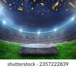 Small photo of podium in the center of a stadium, surrounded by rows of empty seats and light flashes. The podium is simple and perfect to show your product, the playground of grass inside the soccer football