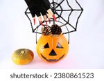 Small photo of A witch's hand with red nails carries a bucket shaped like a devilish pumpkin, with dried lace on the side and a pumpkin on the back. Spider spins black web on Halloween, white background.