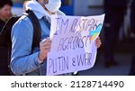 Small photo of Warsaw, Poland. 24 February 2022. Anti-war protest outside Russian embassy in Warsaw. Demonstrators call for peace and condemn Putin.
